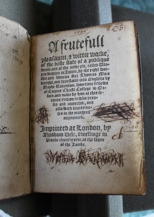 Thomas More, A frutefull pleasaunt, & wittie worke, of the beste state of a publique weale, and of the newe yle, called Utopia London: [Richard Tottel for] Abraham Vele, [1556] (Keynes.Ec.7.3.18)