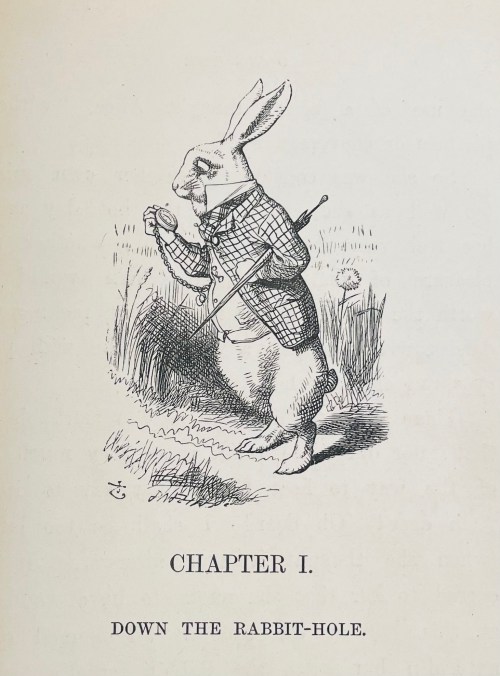 The White Rabbit, dressed in a waistcoat, looking at this pocket watch