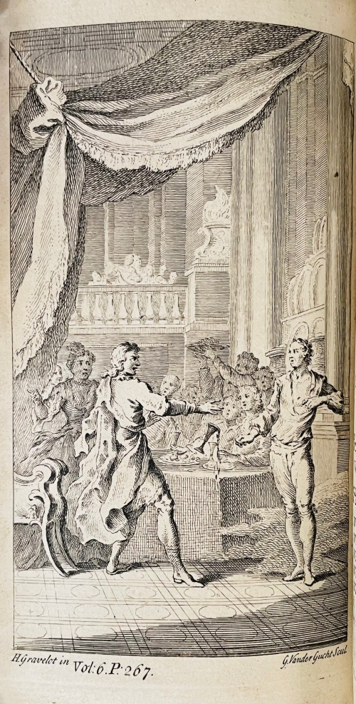 Engraving of a feast scene in which Macbeth confronts the ghost of Banquo 