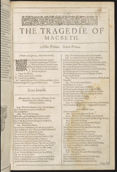 The opening page of Macbeth in the First Folio (Thackeray.D.38.2)
