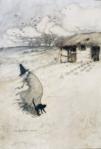 An old bent-over woman with a black hat and a cat standing outside a hovel on a wild moor