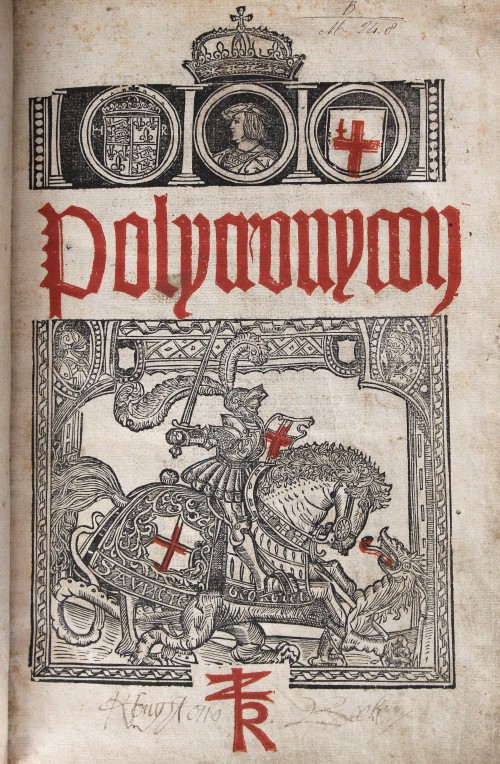 Woodcut of St George on horseback with a dragon under the horse's hooves