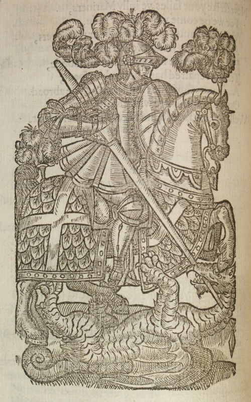 Image of a knight on horseback with a dragon under the horse's hooves. The knight is running a spear through the dragon