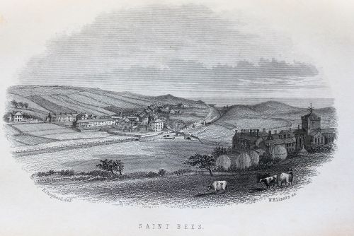 Black and white engraving of a valley with a church and small hamlet, and a train track running through the centre. A train is coming along the track