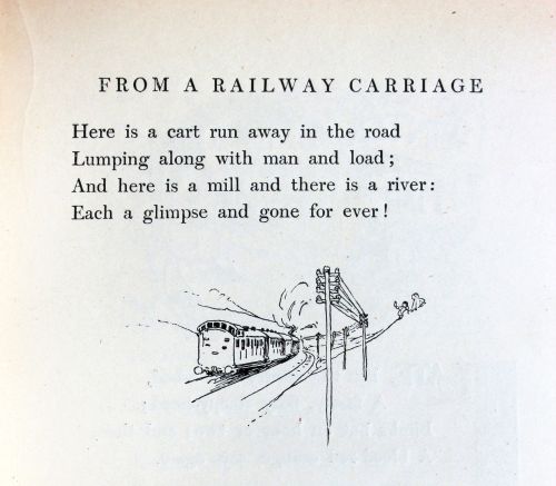 The second page of the poem, with a small illustration of a retreating train