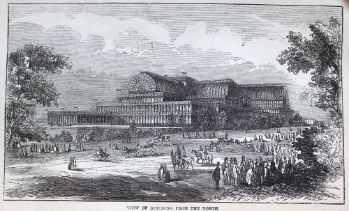 Black and white illustration showing the Crystal Palace building in parkland. It looks like a huge greenhouse.
