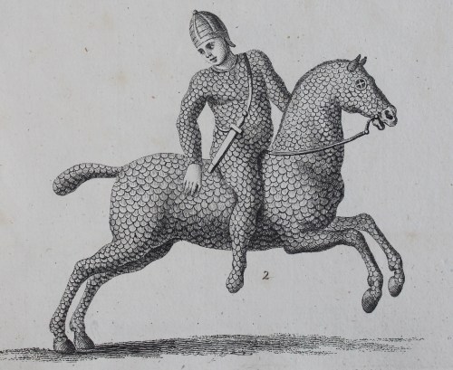 A helmeted warrior astride a horse. Both are covered in tightly-fitting scale armour