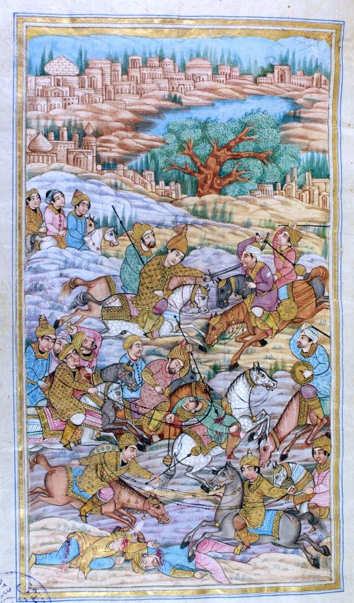 A highly colourful scene of clashing cavalry forces attacking each other with swords and spears. There are dead bodies in the foreground and a tree and houses in the background. 