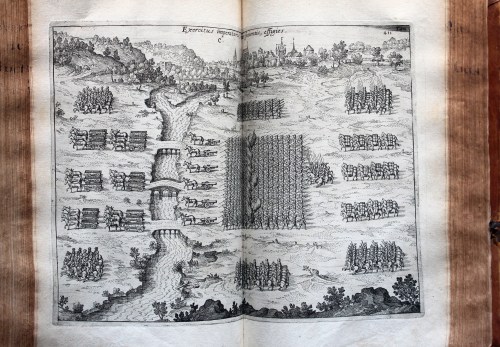 A top-down scene of assembled troops in formation, including infantry and cavalry, and horses pulling cannons and wagons