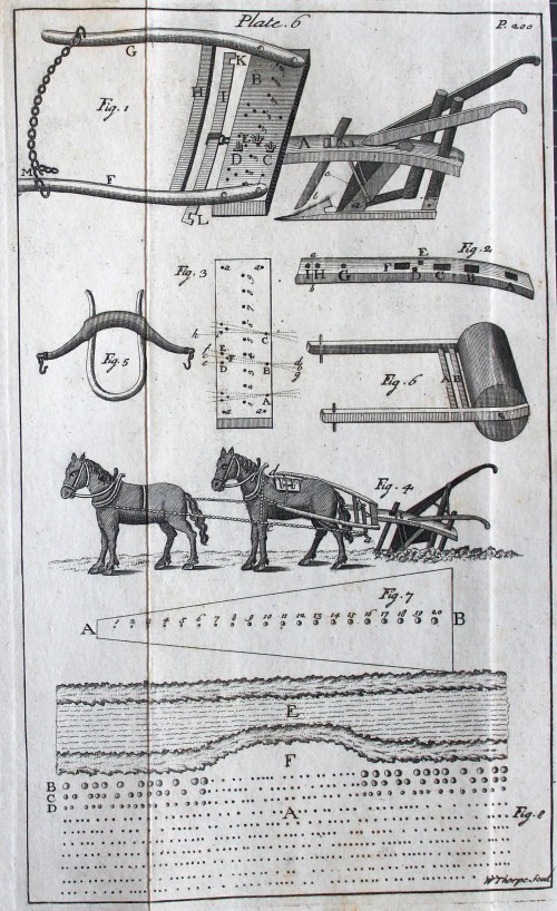 Diagram of a hoe or plough, with detail showing how horses are attached.
