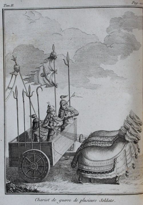 Three Chinese soldiers in a war chariot pulled by four armoured horses