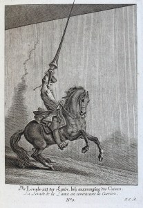 a horse rearing back and a rider holding a lance aloft
