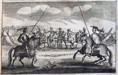 Two mounted knights carrying lances facing each other in the foreground, with mounted spectators watching in the background