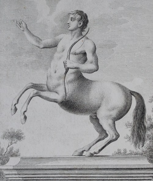 Engraving of a statue of a Centaur holding a bow and rearing back on his hind legs