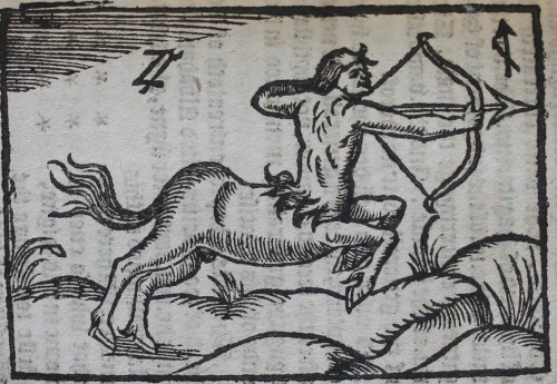 Black and white woodcut showing a centaur drawing back a bow