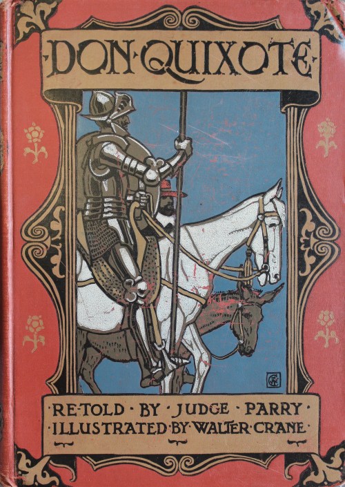 The cover has a red background with a central panel showing Don Quixote astride Rocinante