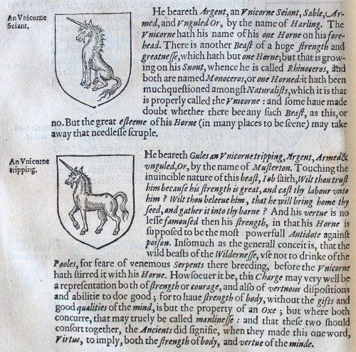 Shields showing a seated and a standing unicorn with accompanying text