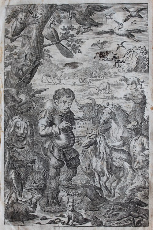 Aesop in the centre surrounded by a multitude of animals and birds