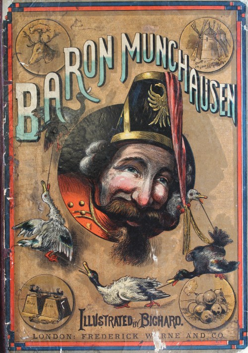 Bright cover with the head of the Baron in the centre, surrounded by ducks