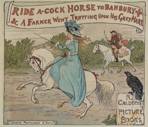A woman in a blue dress rides a white prancing horse in the foreground, and a farmer and his daughter ride a horse in the background