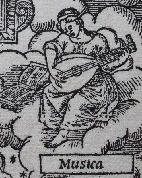 Musica playing the lute (detail from the title page of The First Booke of Songes or Ayres (1597)