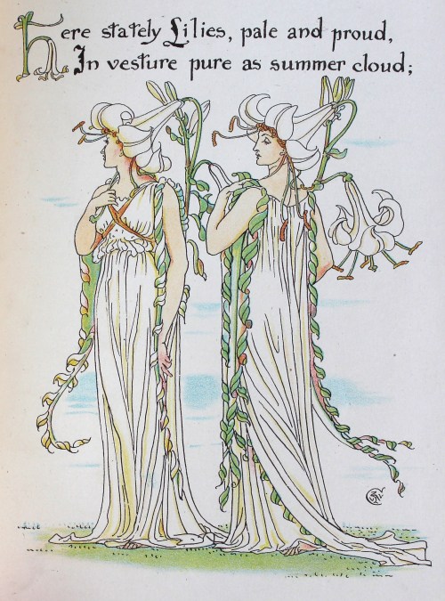 Two women in white with flowered headdresses, representing lilies