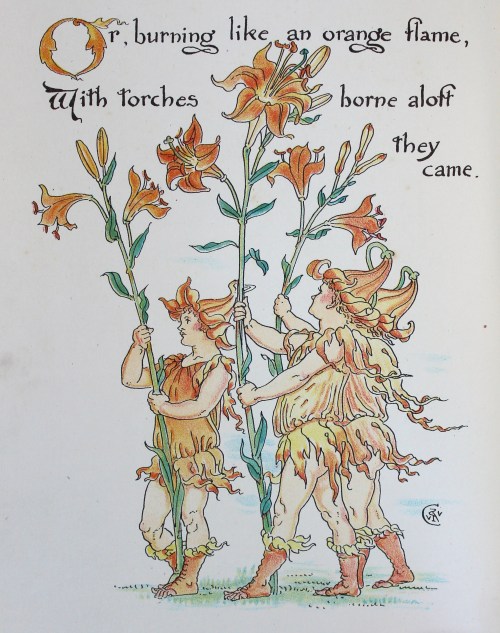 Organge flowers held aloft by small boys dressed in orange