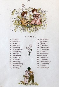 Calendar page for June with an illustration of a small boy and girl sitting in the grass