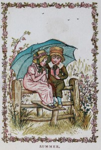 A girl and a boy sitting together on a stile underneath a blue umbrella