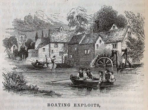 Black and white illustration of boys boating on a river in front of a water mill