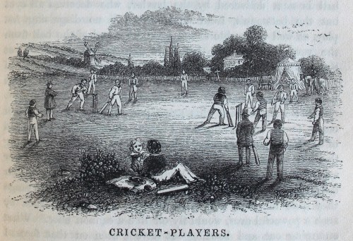 Black and white illustration of a cricket match on a village green