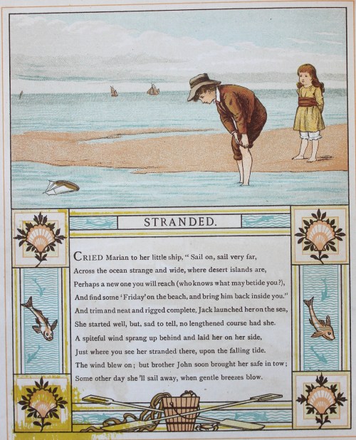 A poem illustrated with a little girl watching her brother retrieving a sailboat from the sea