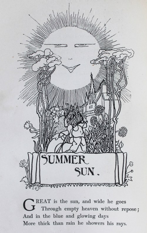 Poem illustrated with a small girl in a garden and a large sun in the sky