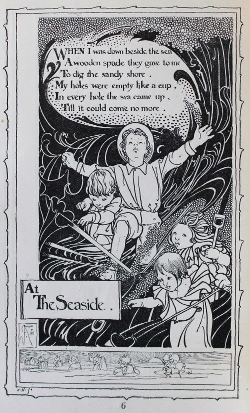 A poem with black and white illustration of children playing at the seaside