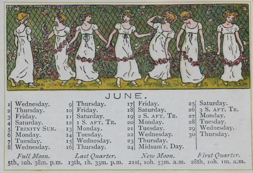 Page for June, showing seven girls dressed in white carrying a red garland