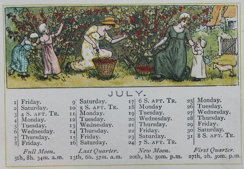 Page for July showing children and adults picking fruit