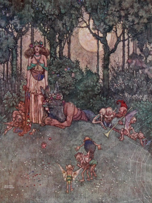 fairies and sprites on a mound in the woods, plus Bottom with the head of a Donkey and Titania (?)