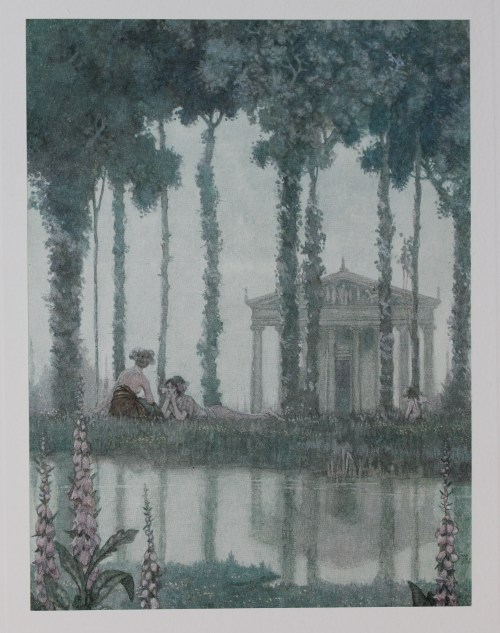 Colour illustration of a temple by a lake with two women amongst trees